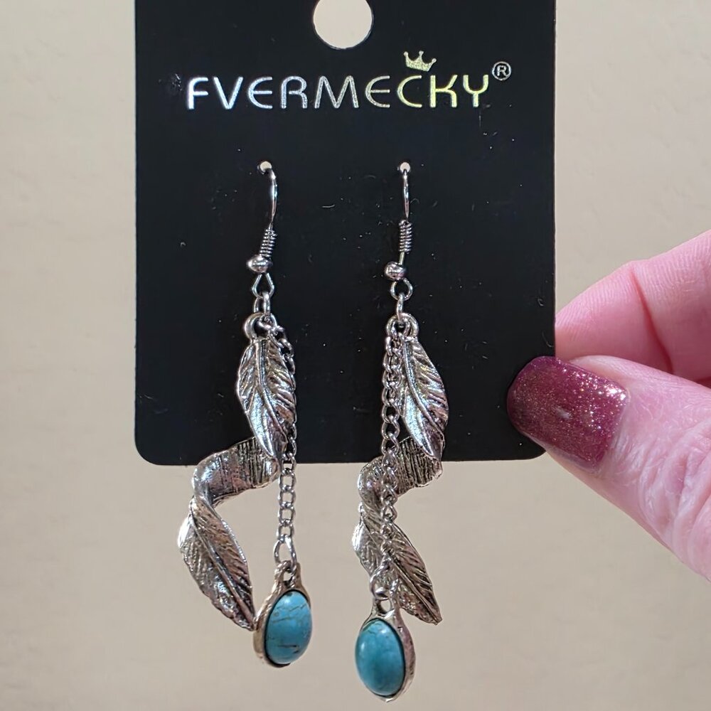 NOC SW Silver Twist Feather Faux Turquoise Stone Long Dangle Pierced Earrings